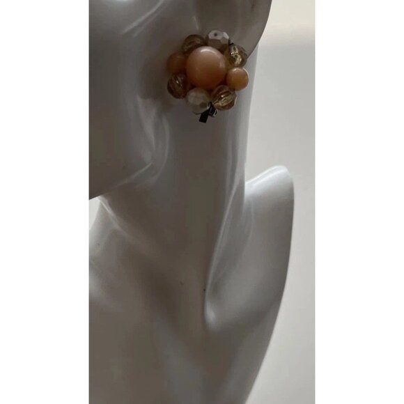 Vintage 1950s Faux Pearl Sea Cream Orange Crystal Cluster Clip on Earrings - Picture 8 of 12
